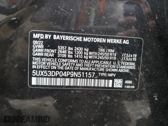2023 BMW X3 xDrive30i with VIN 5UX53DP04P9N51157, listed as a Copart auction lot 48352945 with Not Provided miles and Salvage Title. Bid and sale history available at DreamBid. Image 13.