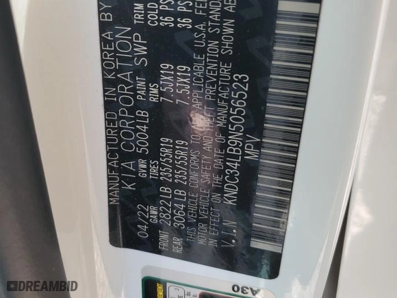 2022 Kia EV6 Light with VIN KNDC34LB9N5056523, listed as a Copart auction lot 57764034 with 33,042 mi miles and Salvage Title. Bid and sale history available at carsss.com. Image 13.