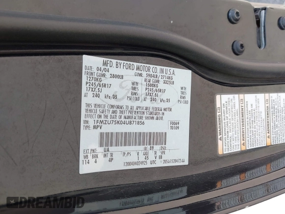 2004 Ford Explorer Limited с VIN 1FMZU75K04UB71856, выставлен на аукционе IAAI как лот 42697534 с пробегом 197 713 миль миль и . История ставок и продаж доступна на DreamBid. Изображение 9.