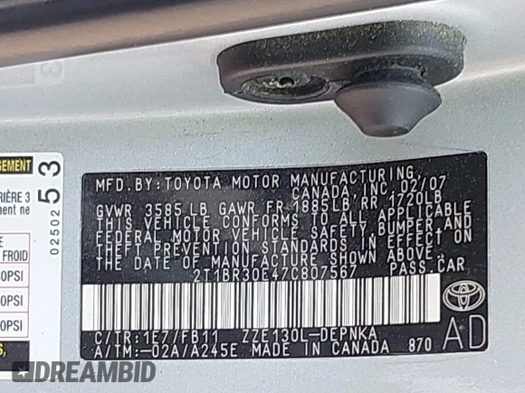 2007 Toyota Corolla CE with VIN 2T1BR30E47C807567, listed as a IAAI auction lot 42110219 with 160,193 mi miles and . Bid and sale history available at DreamBid. Image 9.