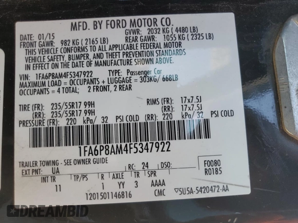 2015 Ford Mustang V6 with VIN 1FA6P8AM4F5347922, listed as a Copart auction lot 57309245 with 163,871 mi miles and Salvage title. Bid and sale history available at DreamBid. Image 12.