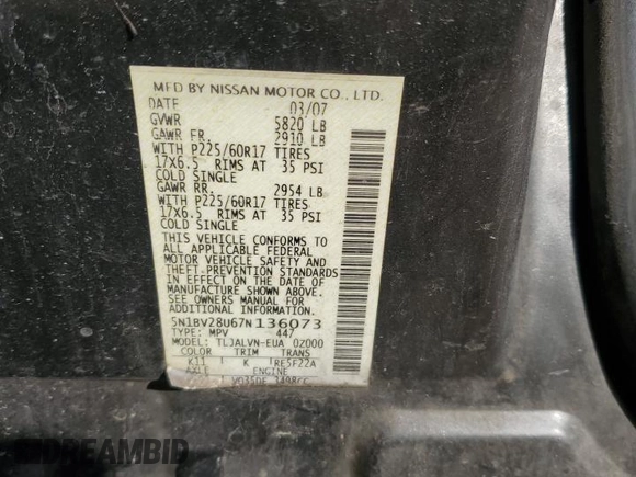 2007 Nissan Quest S with VIN 5N1BV28U67N136073, listed as a Copart auction lot 42608225 with 0 mi miles and Salvage Title. Bid and sale history available at carsss.com. Image 13.