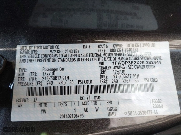 2016 Ford Focus SE with VIN 1FADP3F2XGL282444, listed as a IAAI auction lot 41798521 with 100,959 mi miles. Bid and sale history available at carsss.com. Image 9.