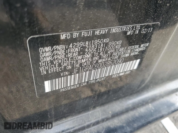 2013 Subaru Impreza Premium z VIN JF1GPAC60D2852090, wystawiony jako Copart lot #58190435 z przebiegiem 30 356 mil mil oraz Szkoda całkowita • Salvage title. Historia ofert i sprzedaży dostępna na DreamBid. Obrazek 12.