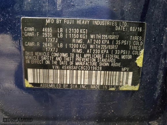 2016 Subaru Outback 2.5i Premium with VIN 4S4BSAFC8G3319628, listed as a Copart auction lot 49877965 with 137,564 mi miles and Non Repairable. Bid and sale history available at carsss.com. Image 13.