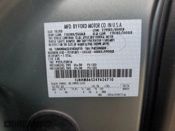 2004 Lincoln LS Luxury with VIN 1LNHM86S24Y624710, listed as a Copart auction lot 88334835 with Not Provided miles and Non Repairable. Bid and sale history available at DreamBid. Image 12.