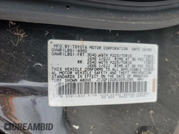 2001 Lexus RX 300 with VIN JTJGF10U810091085, listed as a Copart auction lot 64291204 with 182,357 mi miles and Clean Title. Bid and sale history available at DreamBid. Image 13.