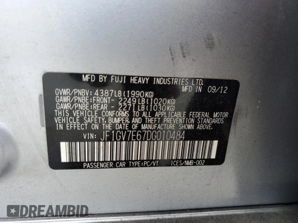 2013 Subaru Impreza Sedan WRX WRX with VIN JF1GV7E67DG010484, listed as a Copart auction lot 80001704 with 91,673 mi miles and Salvage Title. Bid and sale history available at carsss.com. Image 12.