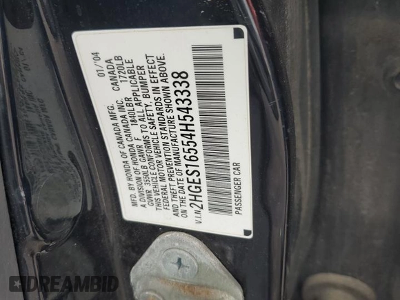 2004 Honda Civic LX with VIN 2HGES16554H543338, listed as a Copart auction lot 56353535 with 60,610 mi miles and Clean Title. Bid and sale history available at DreamBid. Image 12.