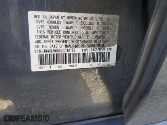 2004 Acura TSX with VIN JH4CL968X4C046153, listed as a Copart auction lot 60758575 with 160,050 mi miles and Salvage title. Bid and sale history available at DreamBid. Image 12.