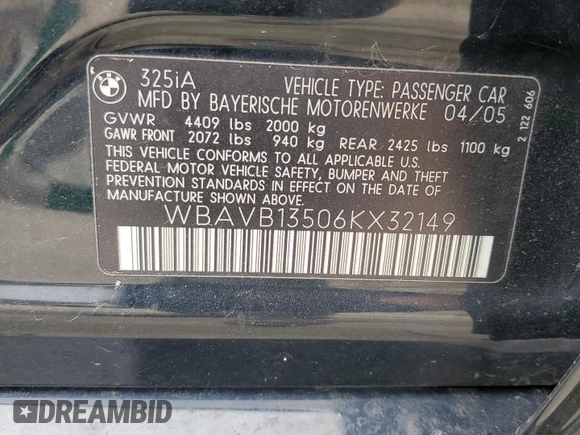 2006 BMW 3 Series 325i with VIN WBAVB13506KX32149, listed as a Copart auction lot 51583305 with 0 mi miles and Salvage Title. Bid and sale history available at carsss.com. Image 12.