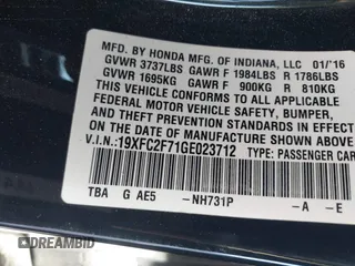 2016 Honda Civic EX with VIN 19XFC2F71GE023712, listed as a IAAI auction lot 41824595 with 87,127 mi miles and . Bid and sale history available at DreamBid. Image 9.