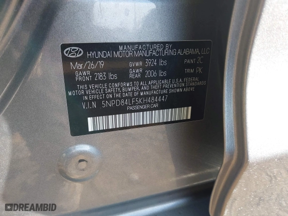 2019 Hyundai Elantra SEL with VIN 5NPD84LF5KH484447, listed as a IAAI auction lot 41465875 with 93,601 mi miles. Bid and sale history available at carsss.com. Image 9.