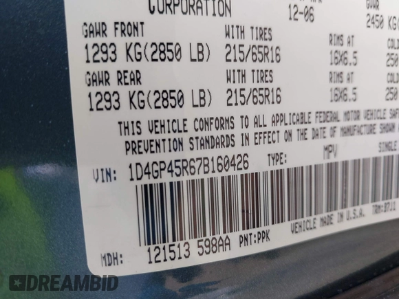 2007 Dodge Caravan SXT with VIN 1D4GP45R67B160426, listed as a IAAI auction lot 42096121 with 106,115 mi miles and . Bid and sale history available at DreamBid. Image 9.