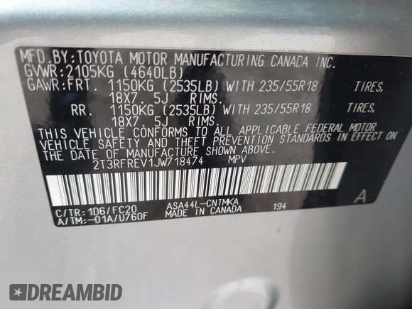 2018 Toyota RAV4 XLE with VIN 2T3RFREV1JW718474, listed as a IAAI auction lot 42144572 with 62,852 mi miles and . Bid and sale history available at DreamBid. Image 9.