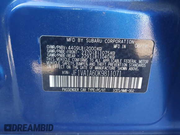 2019 Subaru WRX with VIN JF1VA1A60K9811071, listed as a IAAI auction lot 41538308 with 84,632 mi miles and . Bid and sale history available at DreamBid. Image 9.