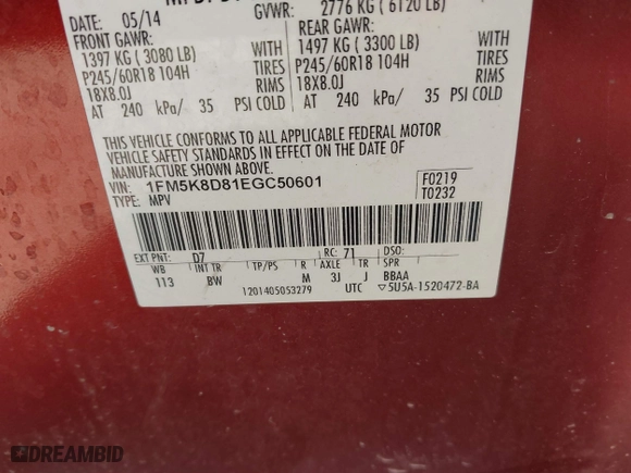 2014 Ford Explorer XLT with VIN 1FM5K8D81EGC50601, listed as a IAAI auction lot 41791652 with 194,775 mi miles. Bid and sale history available at carsss.com. Image 9.