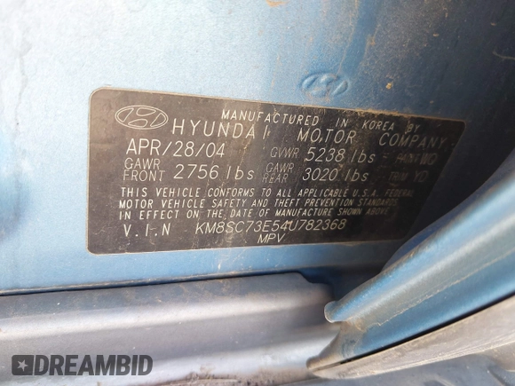 2004 Hyundai Santa Fe GLS z VIN KM8SC73E54U782368, wystawiony jako IAAI lot #42379772 z przebiegiem 120 244 mil mil oraz . Historia ofert i sprzedaży dostępna na DreamBid. Obrazek 9.