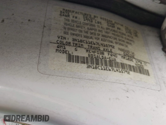 2007 Nissan Versa SL with VIN 3N1BC11E67L415792, listed as a IAAI auction lot 42257626 with Not provided miles and . Bid and sale history available at DreamBid. Image 9.