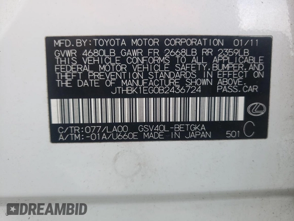 2011 Lexus ES 330 with VIN JTHBK1EG0B2436724, listed as a Copart auction lot 54548525 with 142,567 mi miles and Salvage Title. Bid and sale history available at DreamBid. Image 12.
