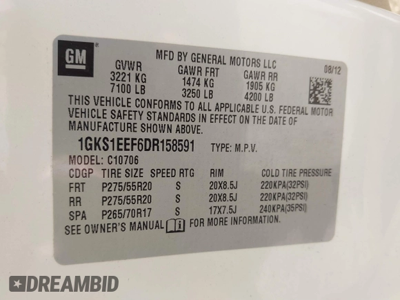 2013 GMC Yukon Denali with VIN 1GKS1EEF6DR158591, listed as a IAAI auction lot 41846763 with 182,720 mi miles. Bid and sale history available at carsss.com. Image 9.