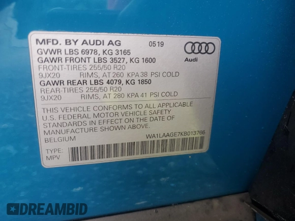 2019 Audi e-tron Premium Plus с VIN WA1LAAGE7KB013766, выставлен на аукционе Copart как лот 57432775 с пробегом 18 657 миль миль и Списание • Salvage title. История ставок и продаж доступна на DreamBid. Изображение 13.