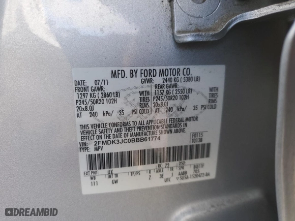 2011 Ford Edge SEL with VIN 2FMDK3JC0BBB61774, listed as a Copart auction lot 51147385 with 96,333 mi miles and Salvage Title. Bid and sale history available at carsss.com. Image 13.