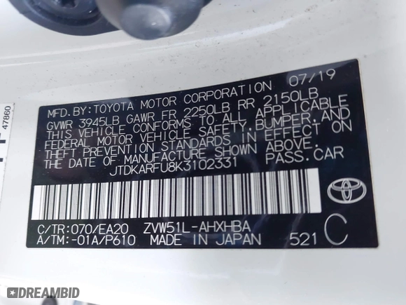 2019 Toyota Prius L Eco with VIN JTDKARFU8K3102331, listed as a IAAI auction lot 41852084 with 54,275 mi miles. Bid and sale history available at carsss.com. Image 9.