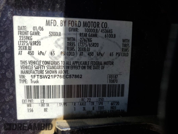 2006 Ford F-250 XL with VIN 1FTSW21P76EC57862, listed as a Copart auction lot 62905515 with 218,060 mi miles and Salvage title. Bid and sale history available at DreamBid. Image 12.