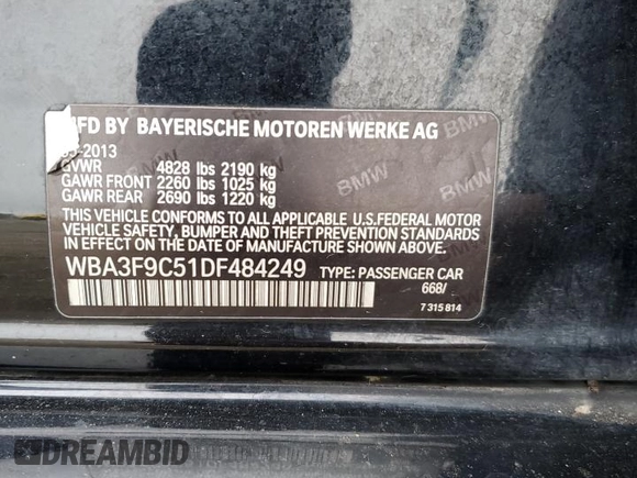 2013 BMW 3 Series ActiveHybrid 3 with VIN WBA3F9C51DF484249, listed as a Copart auction lot 77565424 with 0 mi miles and Clean Title. Bid and sale history available at carsss.com. Image 13.