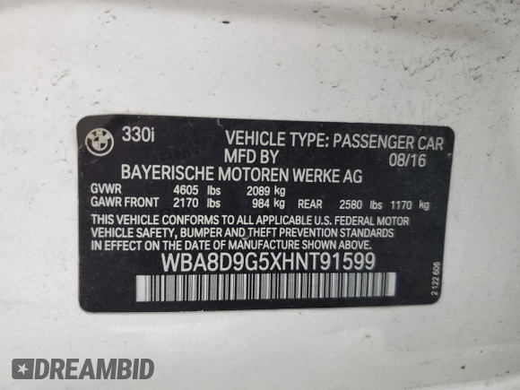2017 BMW 3 Series 330i xDrive with VIN WBA8D9G5XHNT91599, listed as a Copart auction lot 55810245 with 88,250 mi miles and Salvage title. Bid and sale history available at DreamBid. Image 12.