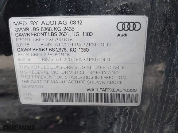 2013 Audi Q5 Premium Plus with VIN WA1LFAFPXDA010339, listed as a IAAI auction lot 41670283 with 172,741 mi miles. Bid and sale history available at carsss.com. Image 9.
