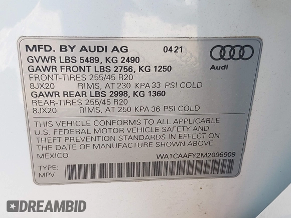 2021 Audi Q5 Prestige with VIN WA1CAAFY2M2096909, listed as a IAAI auction lot 40746125 with 10,025 mi miles. Bid and sale history available at carsss.com. Image 9.