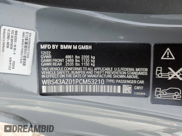 2023 BMW M4 Competition xDrive with VIN WBS43AZ01PCM53210, listed as a Copart auction lot 82760343 with 0 mi miles. Bid and sale history available at carsss.com. Image 14.