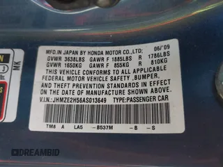 2010 Honda Insight LX with VIN JHMZE2H56AS013649, listed as a IAAI auction lot 42646690 with 5,593 mi miles and . Bid and sale history available at DreamBid. Image 9.