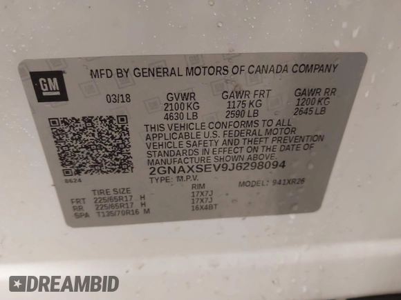 2018 Chevrolet Equinox LT with VIN 2GNAXSEV9J6298094, listed as a IAAI auction lot 41723163 with 122,114 mi miles. Bid and sale history available at carsss.com. Image 9.