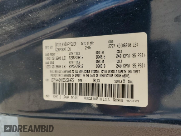 2005 Dodge Dakota SLT with VIN 1D7HW48NX5S226475, listed as a Copart auction lot 70230594 with 47,872 mi miles and Salvage Title. Bid and sale history available at carsss.com. Image 12.