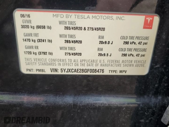 2016 Tesla Model X 70D z VIN 5YJXCAE28GF008476, wystawiony jako Copart lot #53448105 z przebiegiem Nie podano mil oraz Szkody całkowita. Historia ofert i sprzedaży dostępna na DreamBid. Obrazek 13.