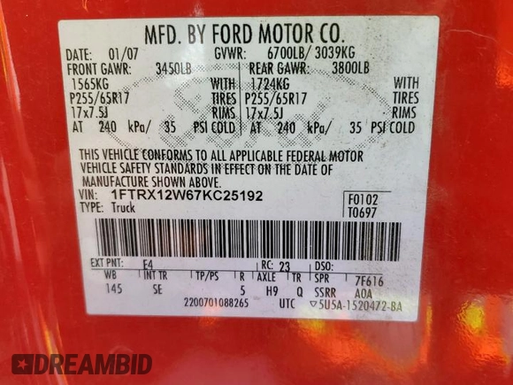 2007 Ford F-150 STX with VIN 1FTRX12W67KC25192, listed as a Copart auction lot 58863975 with 161,527 mi miles and Clean title. Bid and sale history available at DreamBid. Image 12.