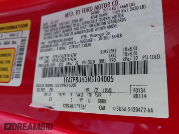 2022 Ford Mustang EcoBoost z VIN 1FATP8UH3N5104005, wystawiony jako IAAI lot #41389346 z przebiegiem 54 979 mil mil oraz . Historia ofert i sprzedaży dostępna na DreamBid. Obrazek 9.