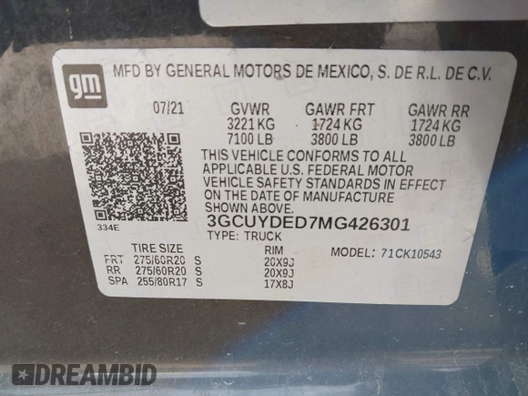 2021 Chevrolet Silverado 1500 LT with VIN 3GCUYDED7MG426301, listed as a IAAI auction lot 41836686 with 62,710 mi miles and . Bid and sale history available at DreamBid. Image 9.