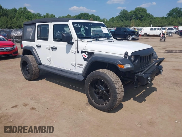 2018 Jeep Wrangler Unlimited Sport S with VIN 1C4HJXDG7JW150038, listed as a IAAI auction lot 42519194 with 113,300 mi miles and . Bid and sale history available at DreamBid. Image 1.