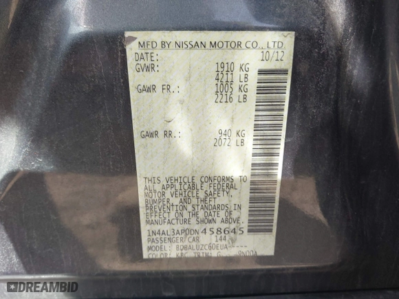 2013 Nissan Altima 2.5 S with VIN 1N4AL3AP0DN458645, listed as a IAAI auction lot 42048791 with 228,248 mi miles. Bid and sale history available at carsss.com. Image 9.