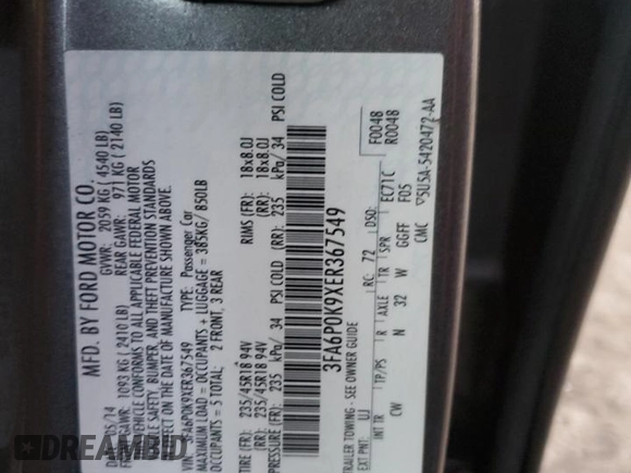 2014 Ford Fusion Titanium with VIN 3FA6P0K9XER367549, listed as a Copart auction lot 85566204 with 117,243 mi miles and Salvage Title. Bid and sale history available at DreamBid. Image 12.