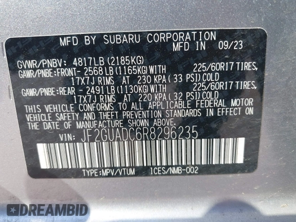 2024 Subaru Crosstrek Premium with VIN JF2GUADC6R8296235, listed as a IAAI auction lot 42392801 with 27,376 mi miles and . Bid and sale history available at DreamBid. Image 9.