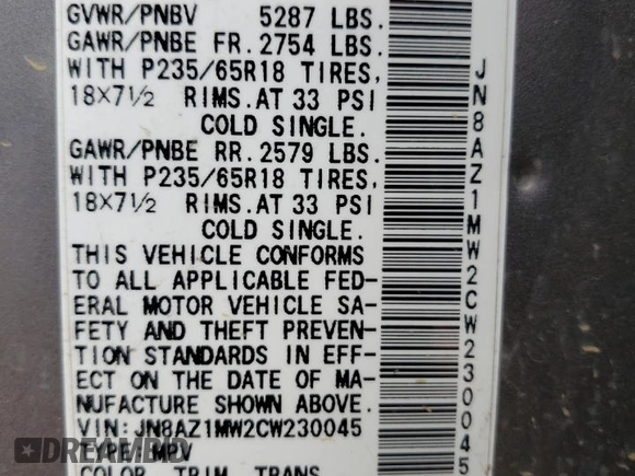 2012 Nissan Murano SL with VIN JN8AZ1MW2CW230045, listed as a Copart auction lot 68857194 with 160,829 mi miles and Salvage Title. Bid and sale history available at carsss.com. Image 16.