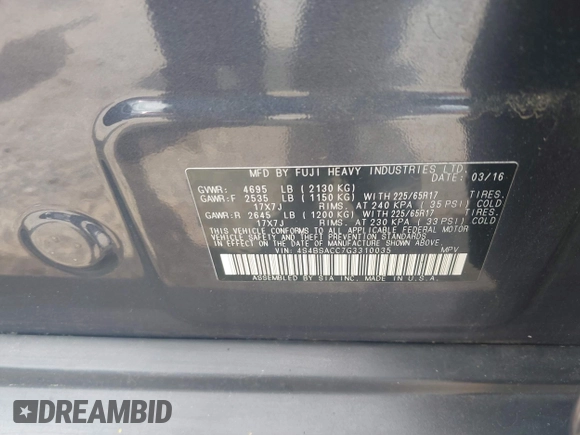 2016 Subaru Outback Premium with VIN 4S4BSACC7G3310035, listed as a IAAI auction lot 42645488 with 116,444 mi miles and . Bid and sale history available at DreamBid. Image 9.