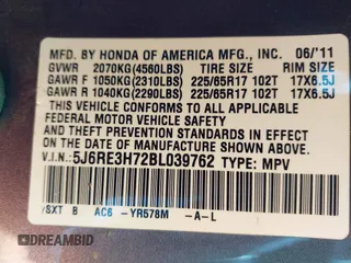 2011 Honda CR-V EX-L with VIN 5J6RE3H72BL039762, listed as a IAAI auction lot 42088436 with 109,925 mi miles. Bid and sale history available at carsss.com. Image 9.