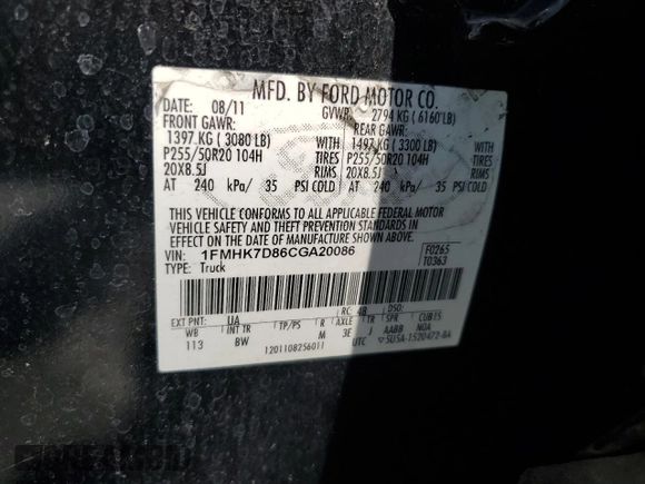 2012 Ford Explorer XLT with VIN 1FMHK7D86CGA20086, listed as a Copart auction lot 55520095 with 201,827 mi miles and Clean Title. Bid and sale history available at DreamBid. Image 13.