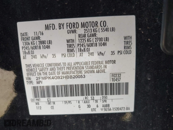 2017 Ford Edge SE with VIN 2FMPK4G92HBB20053, listed as a IAAI auction lot 42044519 with 90,617 mi miles and . Bid and sale history available at DreamBid. Image 9.
